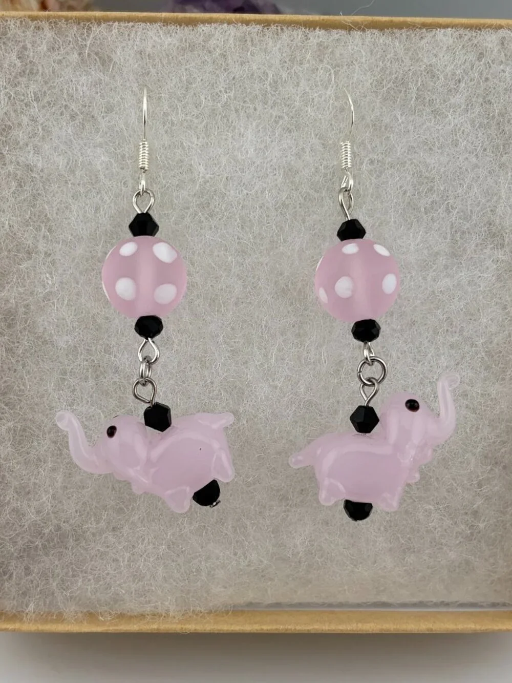 Pink Elephant Polka Dot Lamp Work Glass Bead Handmade Handcrafted Earrings LR223